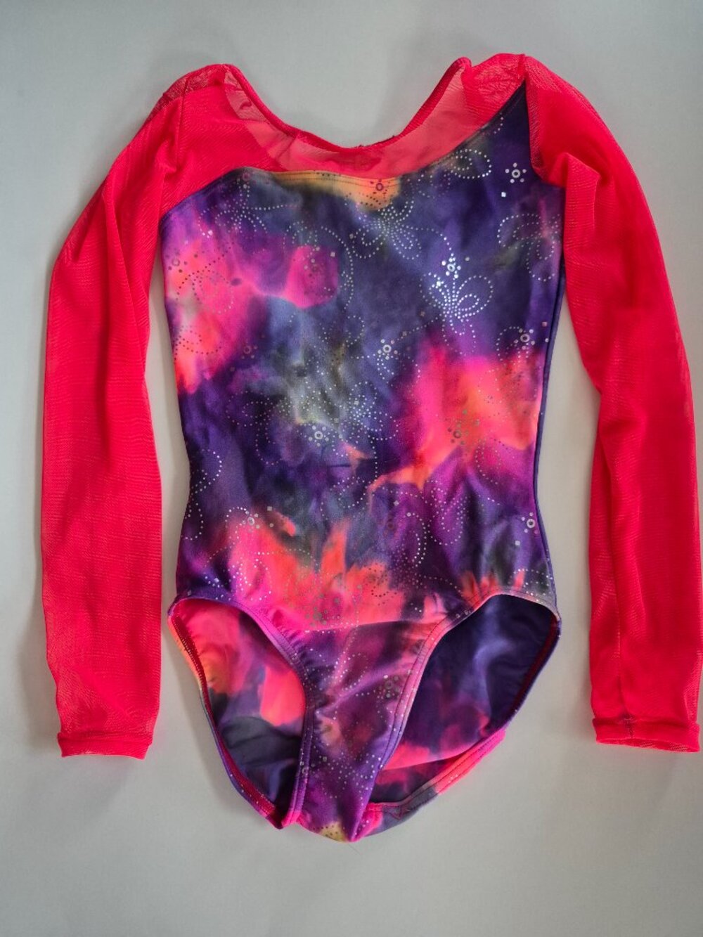 Mondor show gymnastic body suit competition leotard purple pink sleeves 10-12